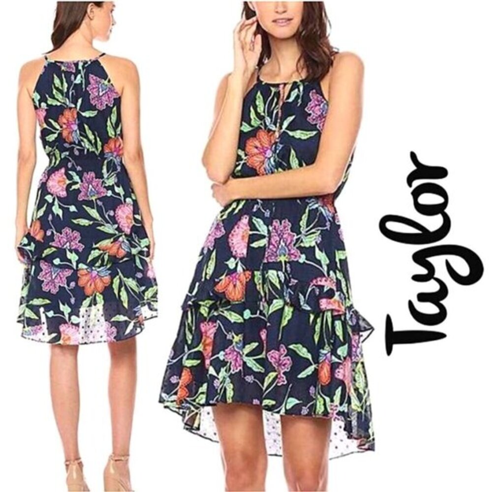 Taylor NWT Navy Floral Print Keyhole Front Tiered‎ Spring Summer Dress Si…